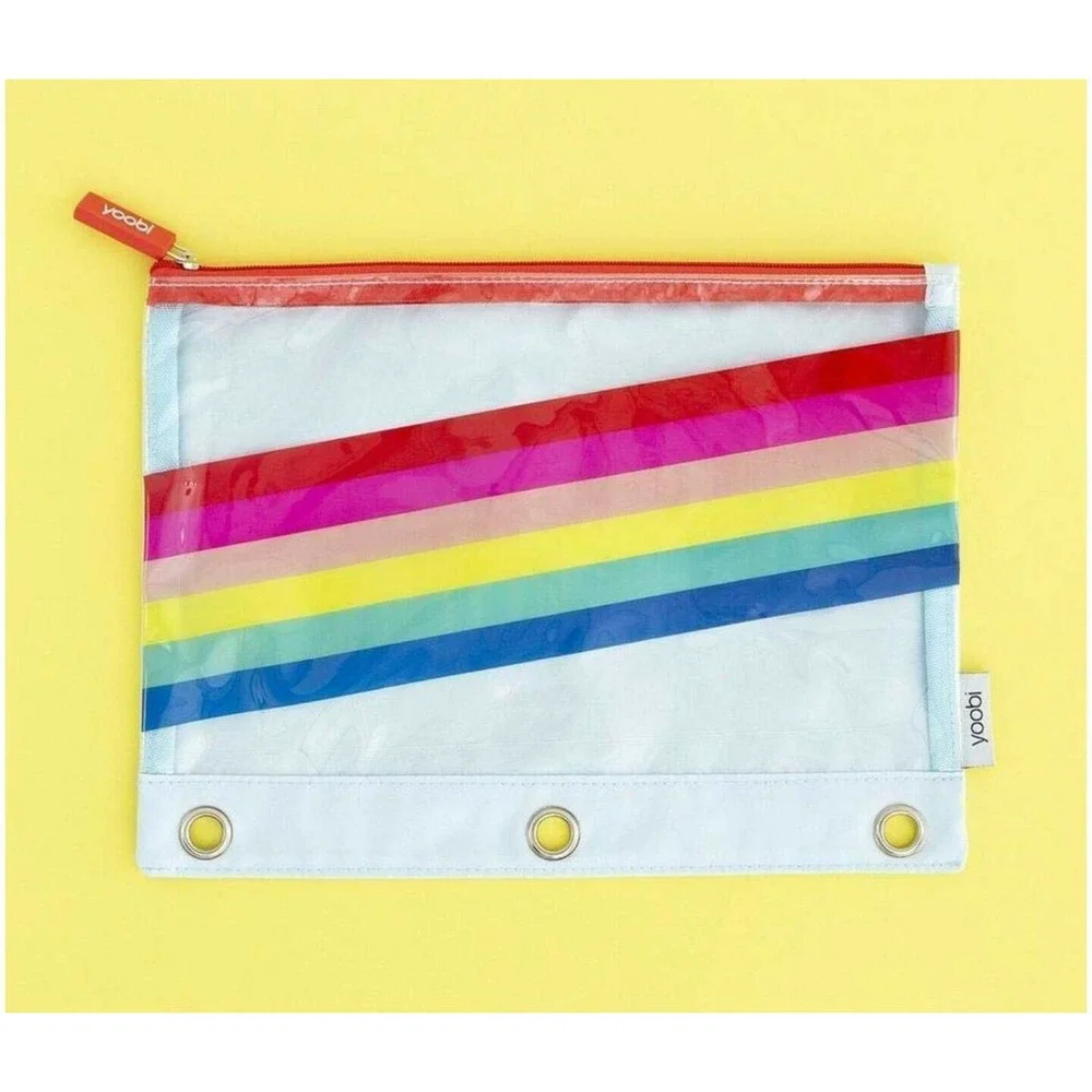 New Yoobi Binder Clear Pencil Case Holder Pouch Rainbow Aqua Blue stationery